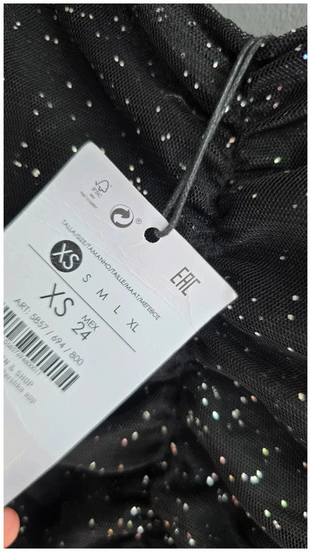 Bershka XS 6 LBD Black Glitter Ruched Ruffle Party Mini Dress Sleeveless BNWT