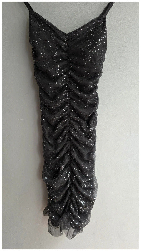 Bershka XS 6 LBD Black Glitter Ruched Ruffle Party Mini Dress Sleeveless BNWT