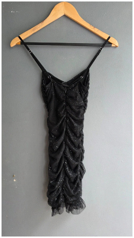 Bershka XS 6 LBD Black Glitter Ruched Ruffle Party Mini Dress Sleeveless BNWT