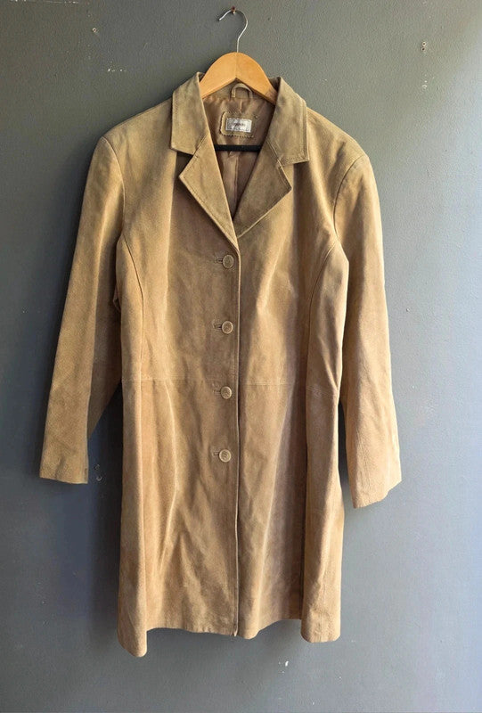 Agenda Vintage Tan Suede Midi Coat Ladies XXL Genuine Leather Pockets Button Up