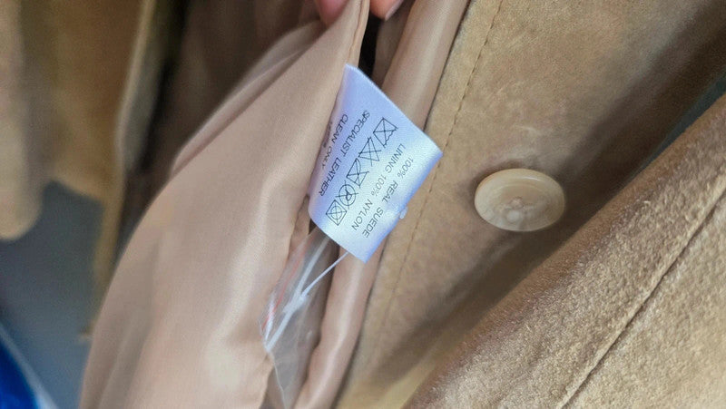 Agenda Vintage Tan Suede Midi Coat Ladies XXL Genuine Leather Pockets Button Up