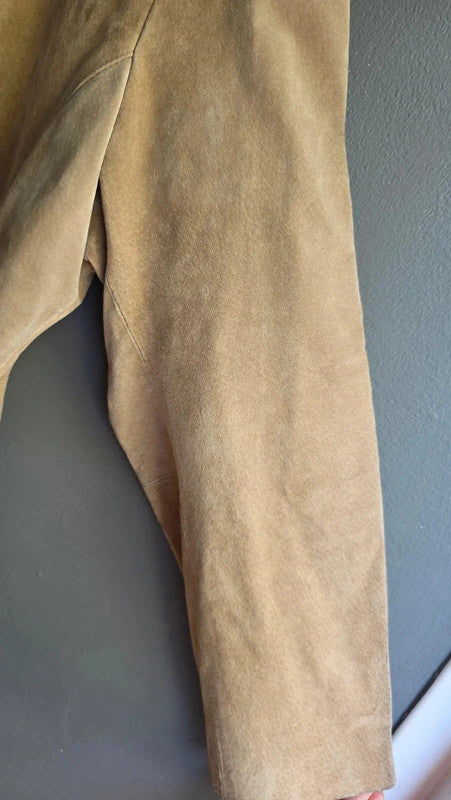 Agenda Vintage Tan Suede Midi Coat Ladies XXL Genuine Leather Pockets Button Up