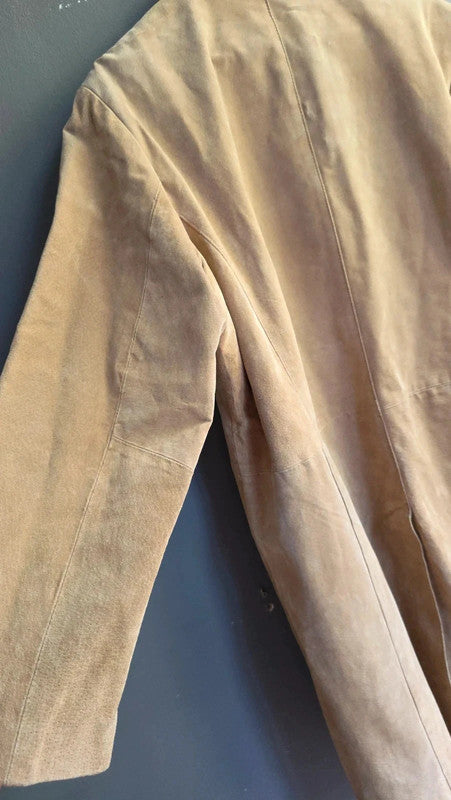 Agenda Vintage Tan Suede Midi Coat Ladies XXL Genuine Leather Pockets Button Up