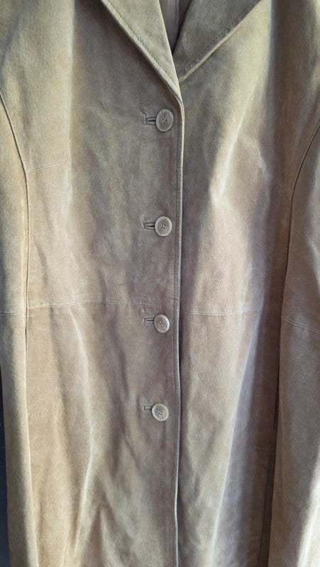 Agenda Vintage Tan Suede Midi Coat Ladies XXL Genuine Leather Pockets Button Up