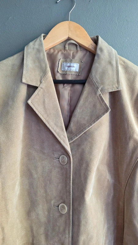Agenda Vintage Tan Suede Midi Coat Ladies XXL Genuine Leather Pockets Button Up