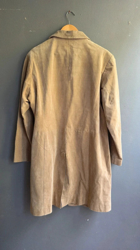 Agenda Vintage Tan Suede Midi Coat Ladies XXL Genuine Leather Pockets Button Up