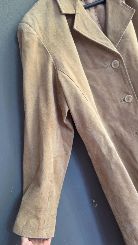 Agenda Vintage Tan Suede Midi Coat Ladies XXL Genuine Leather Pockets Button Up