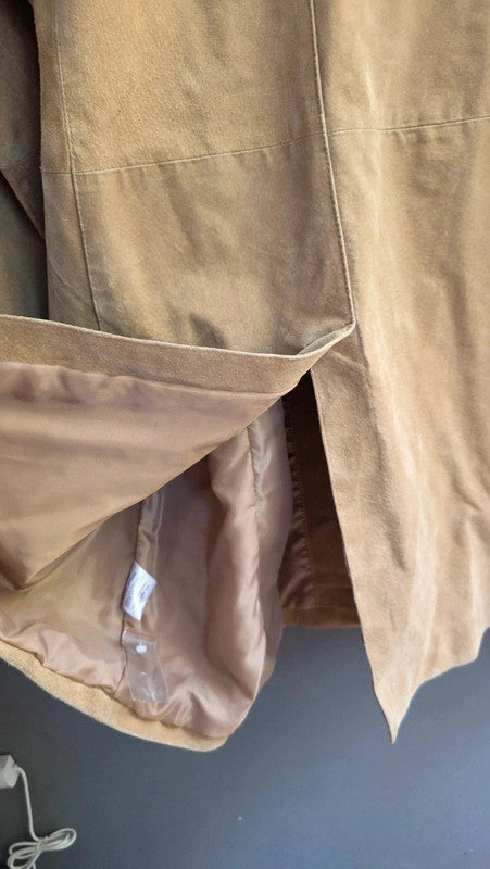 Agenda Vintage Tan Suede Midi Coat Ladies XXL Genuine Leather Pockets Button Up
