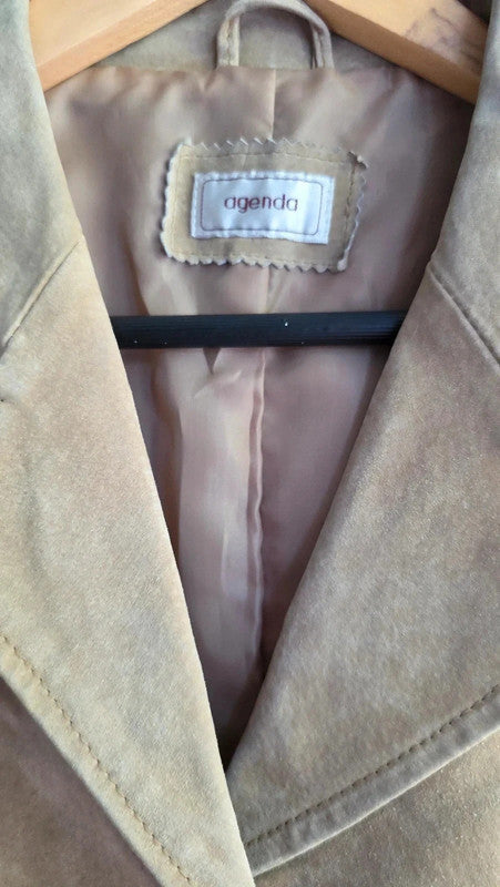 Agenda Vintage Tan Suede Midi Coat Ladies XXL Genuine Leather Pockets Button Up