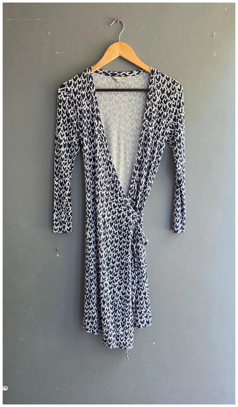 Boden Navy White Heart Print Midi Wrap Dress UK 8 LongSleeve Jersey Soft Stretch