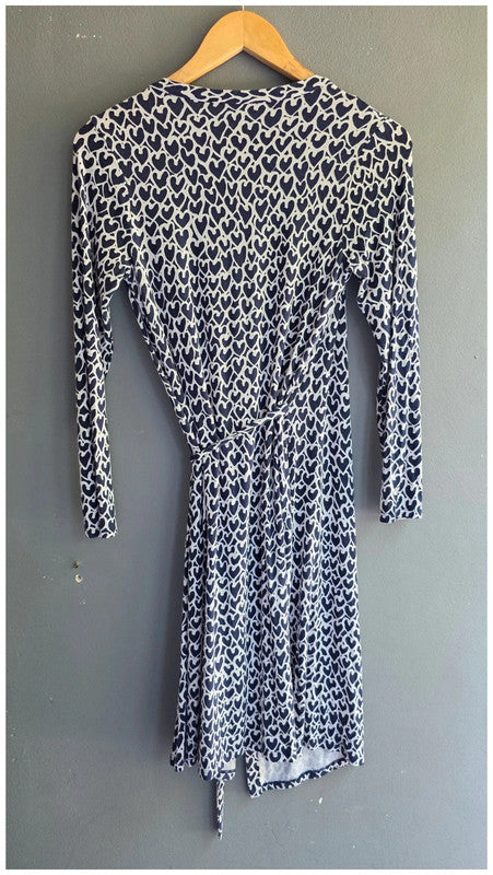 Boden Navy White Heart Print Midi Wrap Dress UK 8 LongSleeve Jersey Soft Stretch