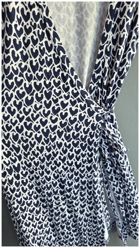 Boden Navy White Heart Print Midi Wrap Dress UK 8 LongSleeve Jersey Soft Stretch