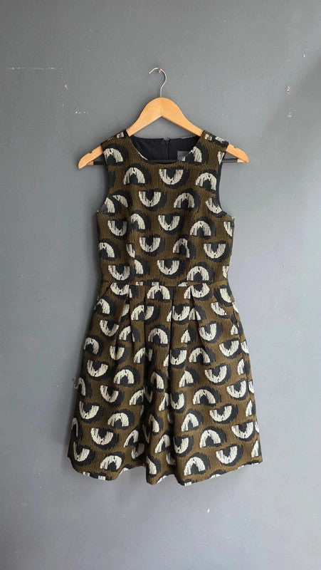 Anthropologie Hunter Dixon Bell Adete Structured Pattern Khaki Dress UK 10 M