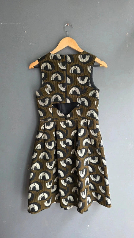 Anthropologie Hunter Dixon Bell Adete Structured Pattern Khaki Dress UK 10 M