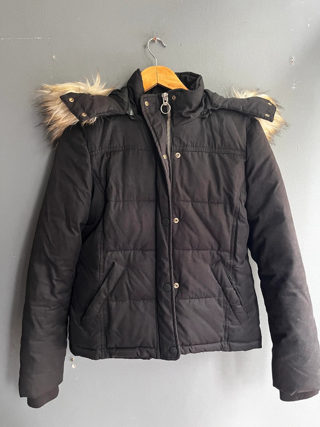 Topshop Black Padded Faux Fur Trim Hooded Winter Jacket UK 10 Medium Warm Coat