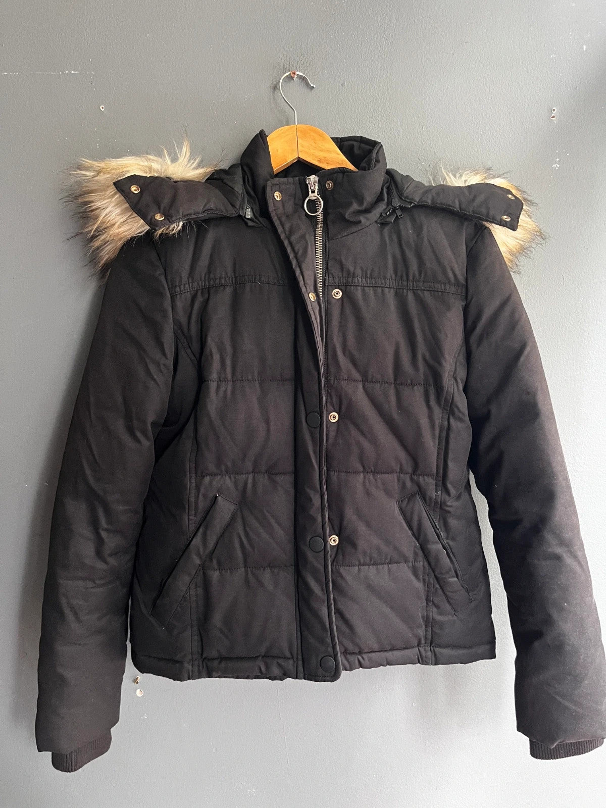 Topshop Black Padded Faux Fur Trim Hooded Winter Jacket UK 10 Medium Warm Coat