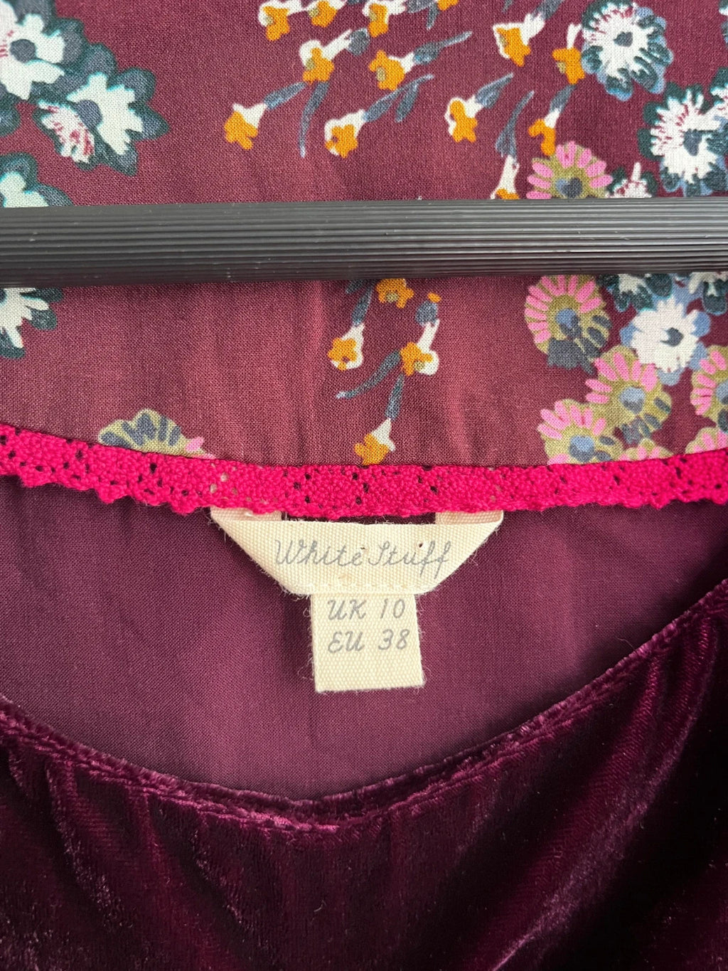 White Stuff Purple Velvet Short Sleeve Scoop Neck Floral Lined Top Size UK 10 M