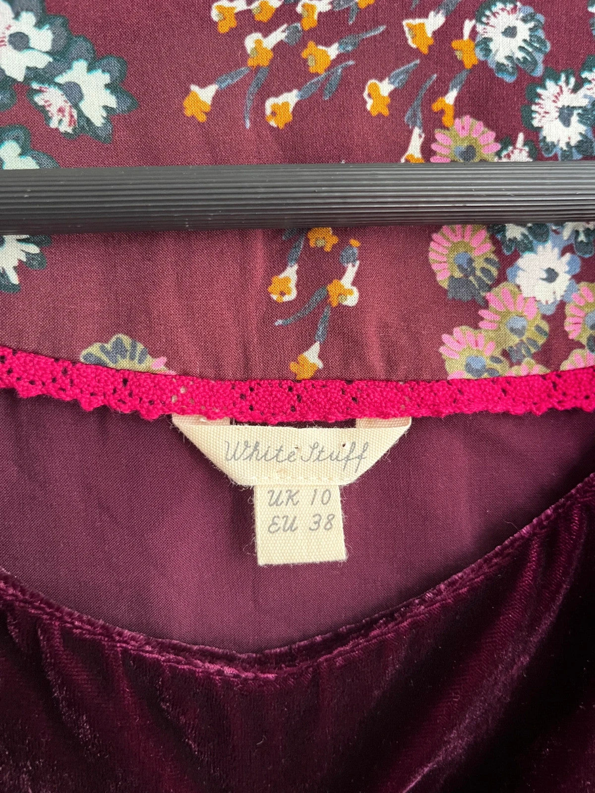 White Stuff Purple Velvet Short Sleeve Scoop Neck Floral Lined Top Size UK 10 M