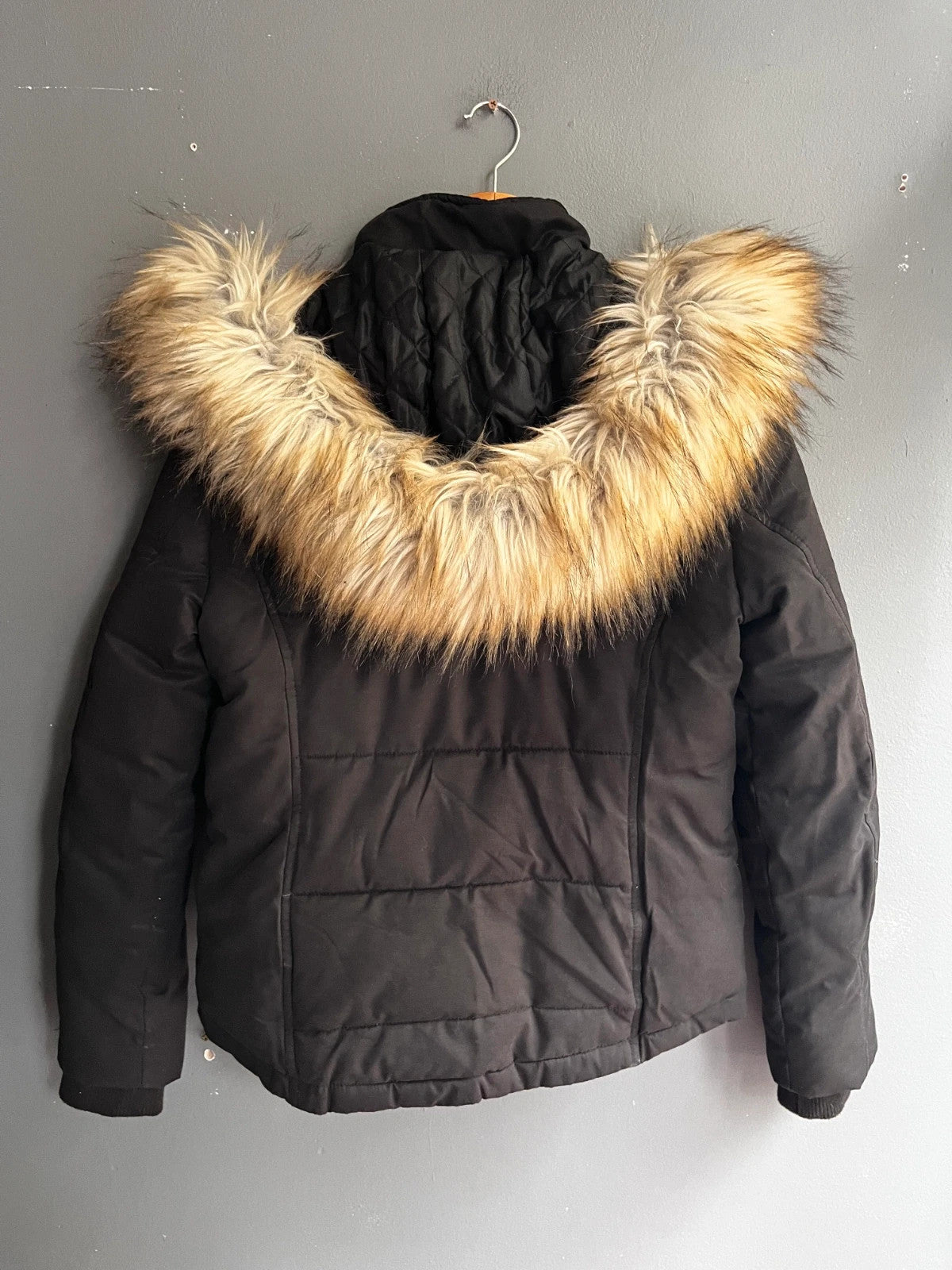 Topshop Black Padded Faux Fur Trim Hooded Winter Jacket UK 10 Medium Warm Coat